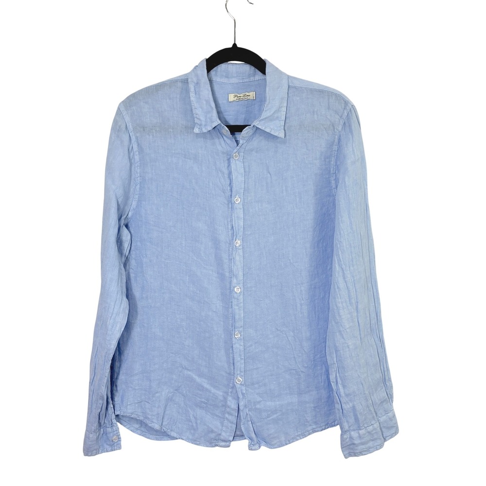 Puro Lino Men Linen Blue Button Up Shirt Size Small Made In Italy Coastal Summer